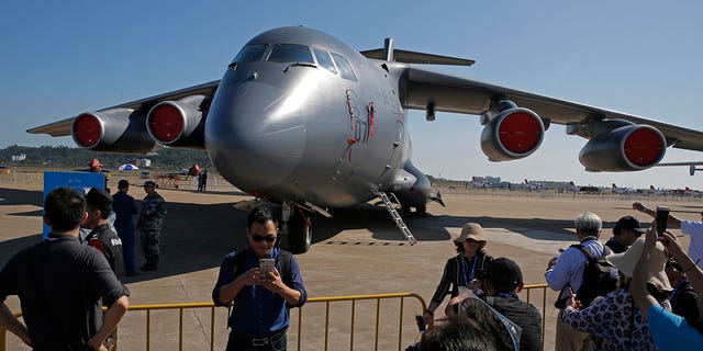 A Y-20 transport aircraft of the Chinese People's Liberation Army Air Force is displayed during the 12th China International Aviation and Aerospace Exhibition, also known as Airshow China 2018, Nov. 6, 2018, in Zhuhai city, southern China.