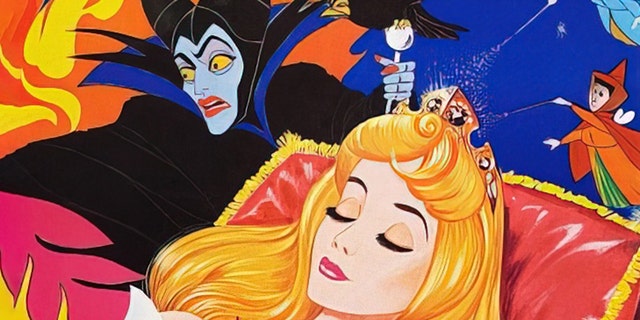 A "Sleeping Beauty" poster, via British poster art, is shown here. From left to right, Maleficent, Princess Aurora and Flora, 1959. 