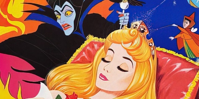 A "Sleeping Beauty" poster, via British poster art, is shown here. From left to right, Maleficent, Princess Aurora and Flora, 1959. 