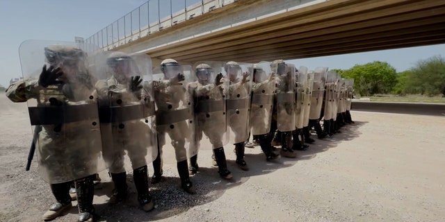 The Texas National Guard runs training exercises to prepare for a mass migration event in Mission, TX, on Thursday, April 7, 2022. (FOX)