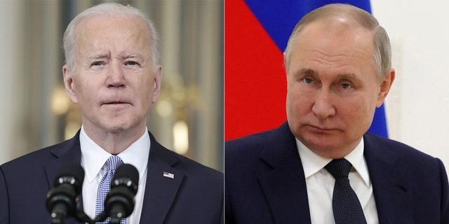 President Biden, left, said he believes Russian President Vladimir Putin miscalculated Russia's ability to conquer Ukraine.