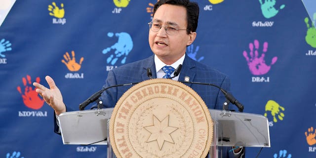 Principal Chief of the Cherokee Nation Chuck Hoskin Jr. speaks Dec. 3, 2021, in Tahlequah, Oklahoma.