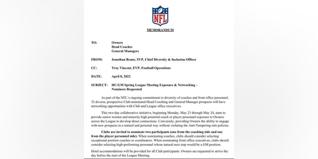 The league last week sent out a memo to all clubs announcing that 32 "diverse, prospective club-nominated head coach and general manager prospects will have networking opportunities with club and league office executives" at the NFL’s spring meeting May 23 and 24.