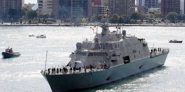 The USS Detroit, a Freedom-class of littoral combat ship, arrives Oct. 14, 2016, in Detroit.