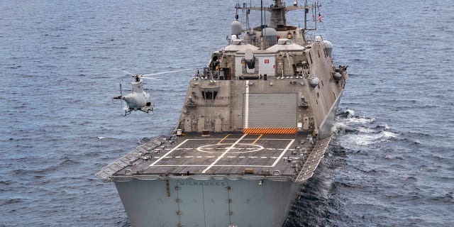 The USS Milwaukee, a Freedom-class of littoral combat ship, cruises in the Atlantic Ocean on June 27, 2019.