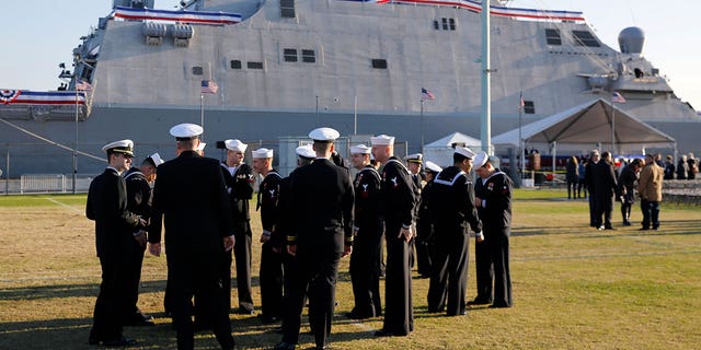 Crew members of the USS Sioux City, a Freedom-class of littoral combat ship, gather before the ship's commissioning ceremony on Nov. 17, 2018, at the U.S. Naval Academy in Annapolis, Maryland.