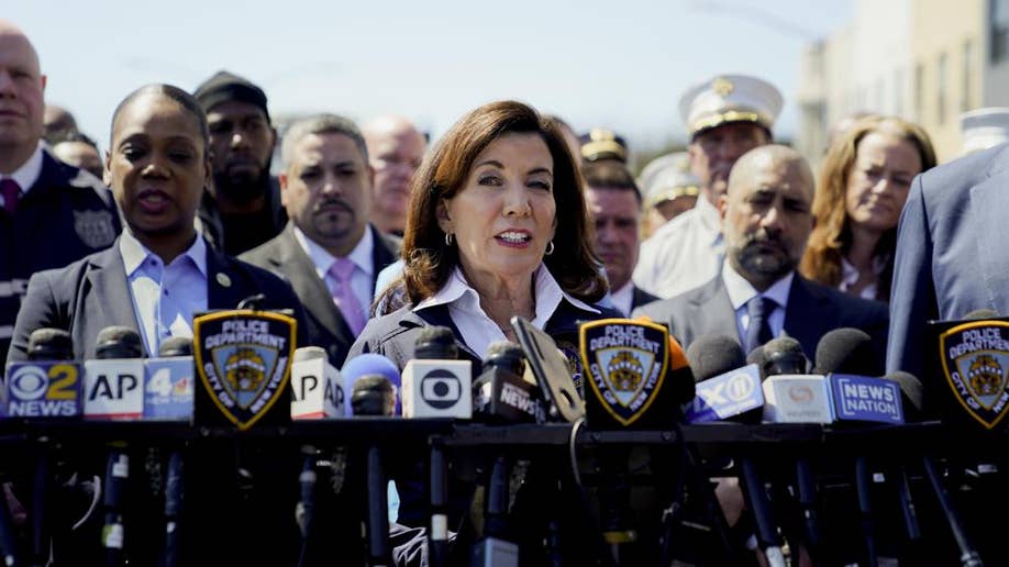New York Gov. Kathy Hochul speaks at a news conference in the Brooklyn borough of New York, Tuesday, April 12, 2022.