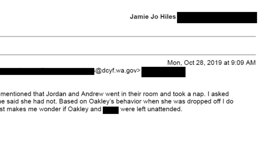 Hiles provided a series of emails in which she and her husband, Erik Hiles, raised concerns over Oakley’s circumstances with state child welfare officials – who she accused ignored her warnings before Oakley was returned to her parents’ custody.