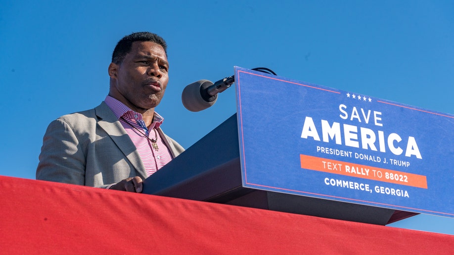 Former Heisman Trophy winner and candidate for US Senate Herschel Walker (R-GA) speaks to supporters of former U.S. President Donald Trump during a rally 
