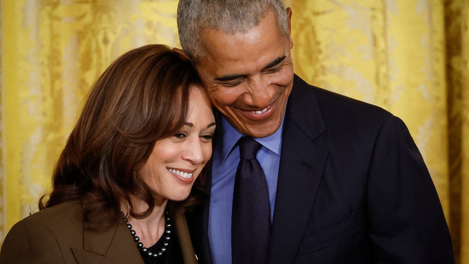 Former President Barack Obama hugs Vice President Kamala Harris during an event to mark the 2010 passage of the Affordable Care Act in the East Room of the White House on April 5, 2022 in Washington, DC. With then-Vice President Joe Biden by his side, Obama signed 'Obamacare' into law on March 23, 2010