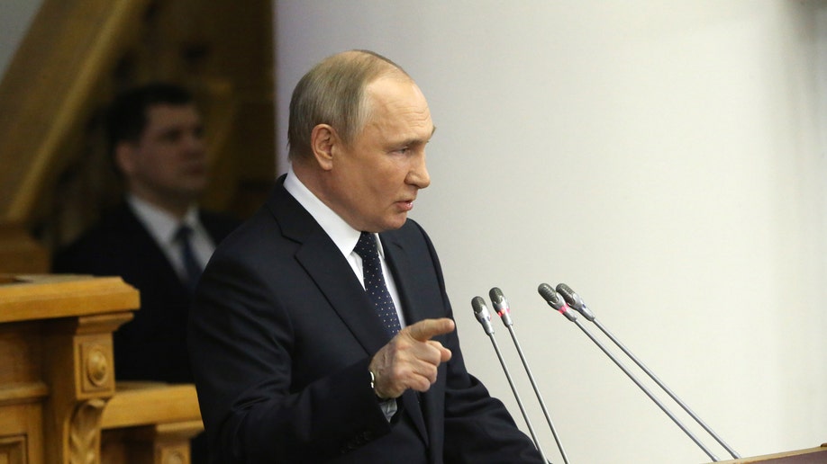 Russian President Vladimir Putin speaks during the Council of Lawmakers at the Tauride Palace, on April 27, 2022, in Saint Petersburg, Russia.