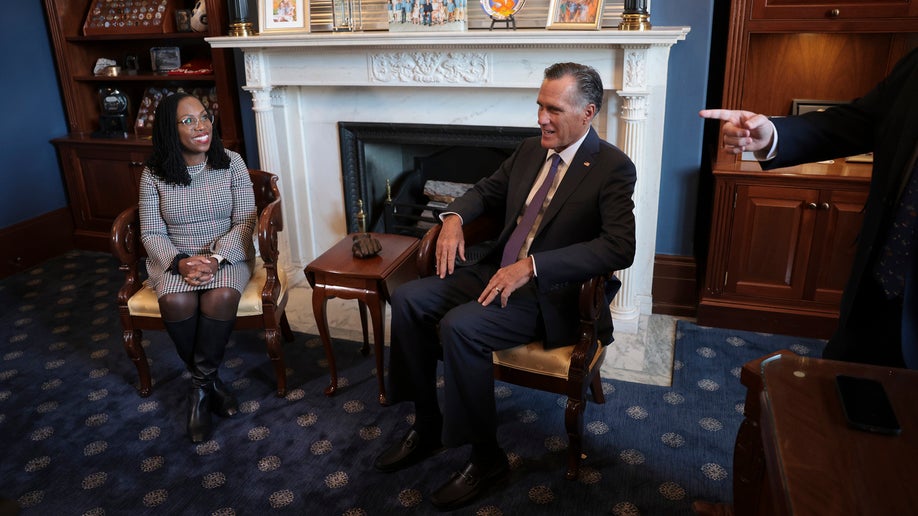 U.S. Sen. Mitt Romney (R-UT) (R) meets with U.S. Supreme Court nominee Ketanji Brown Jackson (L) on Capitol Hill March 29, 2022 in Washington, DC. Supreme Court nominee Ketanji Brown Jackson continued to meet with Senate members on Capitol Hill ahead of her confirmation vote