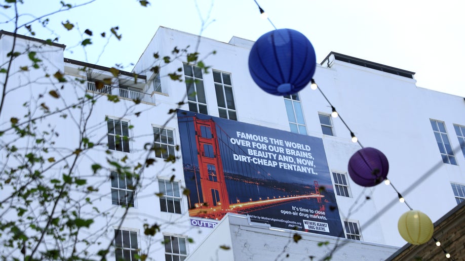A new controversial billboard that warns against fentanyl is posted on the side of a building near Union Square on April 04, 2022 in San Francisco, California. The group Mothers Against Drug Deaths, comprised of mothers of children killed by fentanyl, launched the first in a series of billboard advertisements that are intended to warn tourists against visiting the city of San Francisco due to a rampant fentanyl use and deadly open-air drug markets