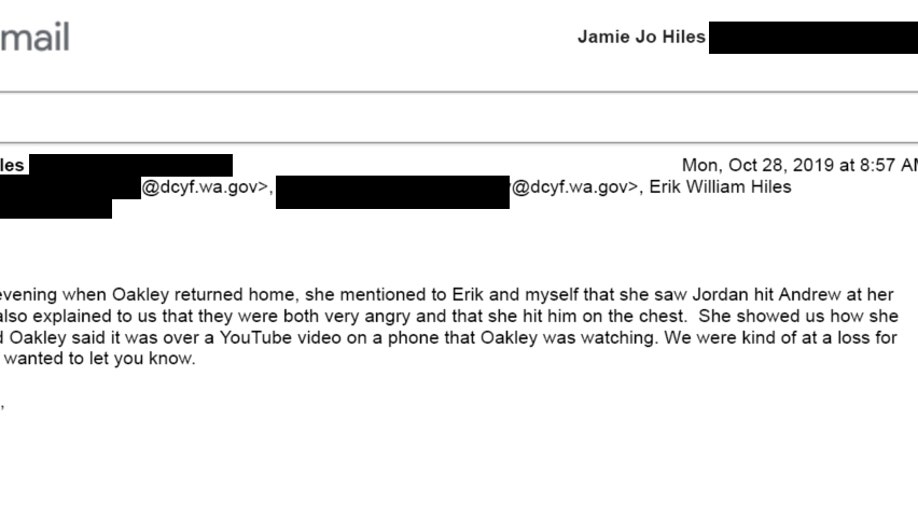 Hiles provided a series of emails in which she and her husband, Erik Hiles, raised concerns over Oakley’s circumstances with state child welfare officials – who she accused ignored her warnings before Oakley was returned to her parents’ custody.