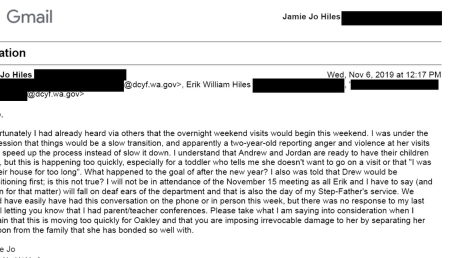 Hiles provided a series of emails in which she and her husband, Erik Hiles, raised concerns over Oakley’s circumstances with state child welfare officials – who she accused ignored her warnings before Oakley was returned to her parents’ custody.