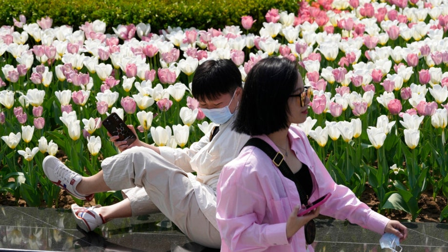 Beijing residents wearing masks take photos near flowers