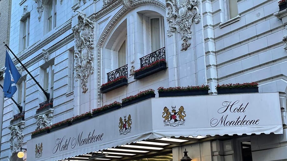 The balcony above the front entrance of Hotel Monteleone