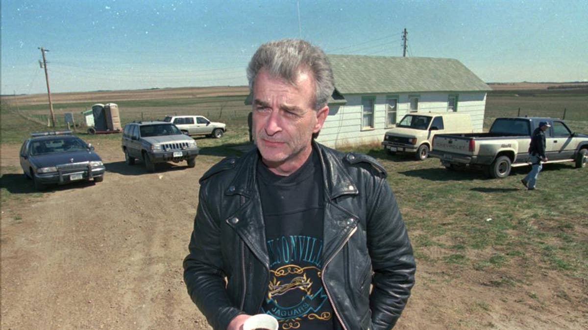 Randy Weaver, the object of the Ruby Ridge siege, visits with the media at the main FBI roadblock outside the Freemen compound in Montana on April 27, 1996.