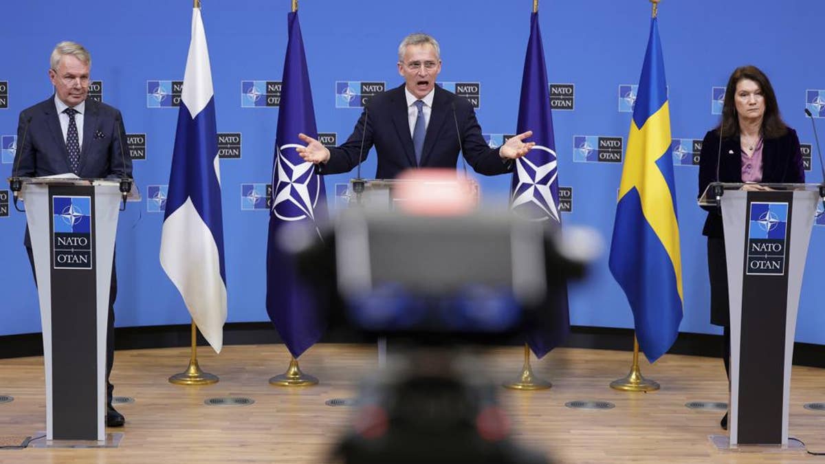 NATO Secretary-General Jens Stoltenberg speaks with Sweden and Finland foreign ministers