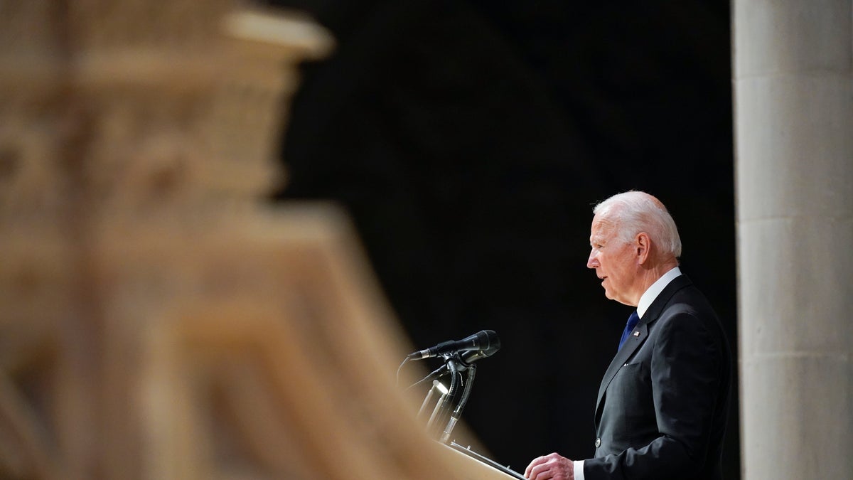 President Joe Biden speaks during a funeral service for former Secretary of State Madeleine Albright at the Washington National Cathedral, Wednesday, April 27, 2022, in Washington. (AP Photo/Andrew Harnik)