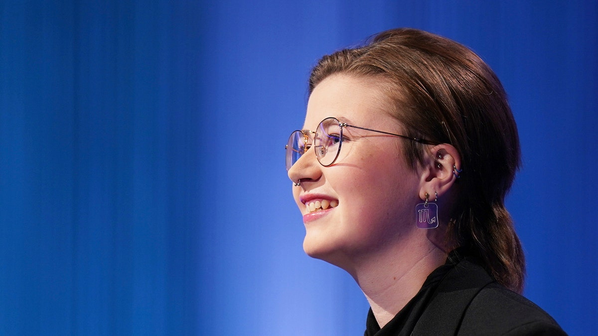 This image released by Sony Pictures Television shows Mattea Roach, a 23-year-old Canadian contestant on the game show "Jeopardy!" (Tyler Golden/Sony Pictures Television via AP)