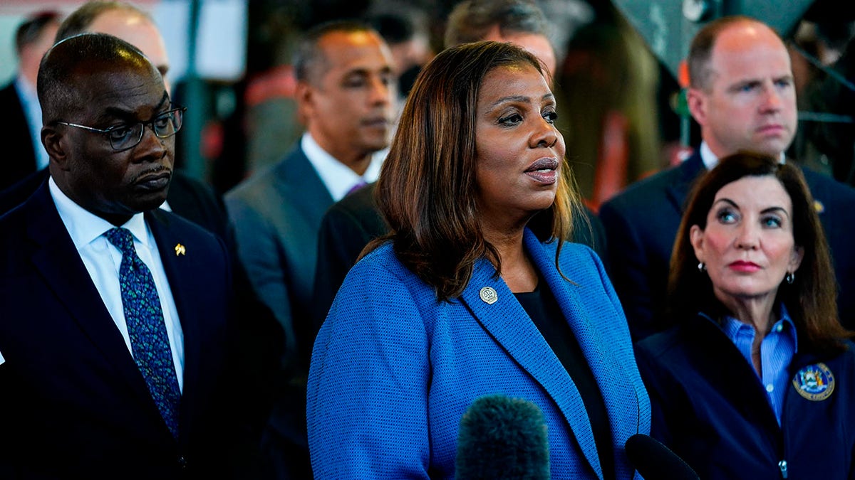 New York Attorney General Letitia James in a blue suit