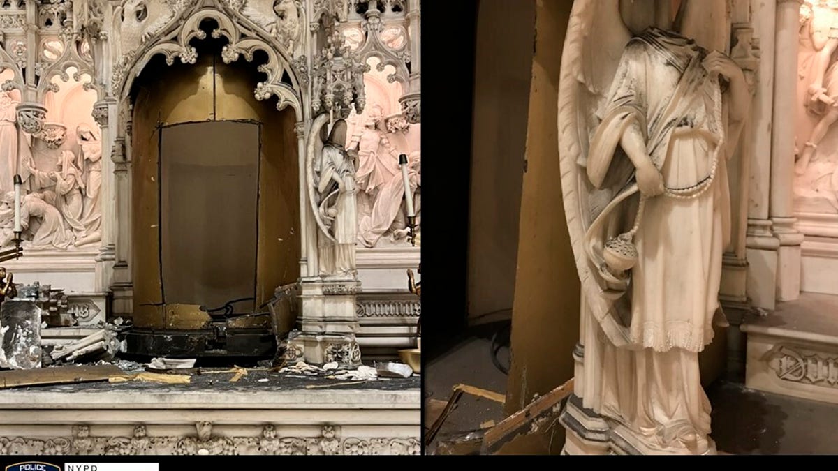 This image provided by the New York City Police Department shows a missing tabernacle and damaged angel statue in St. Augustine's Roman Catholic Church in Brooklyn’s Park Slope neighborhood in New York, which was stolen between Thursday, May 26, 2022 and Saturday, May 28, 2022. The tabernacle, a box containing Holy Communion items, was made of 18-carat gold and decorated with jewels, police and the diocese said. It’s valued at $2 million. (NYPD via AP)