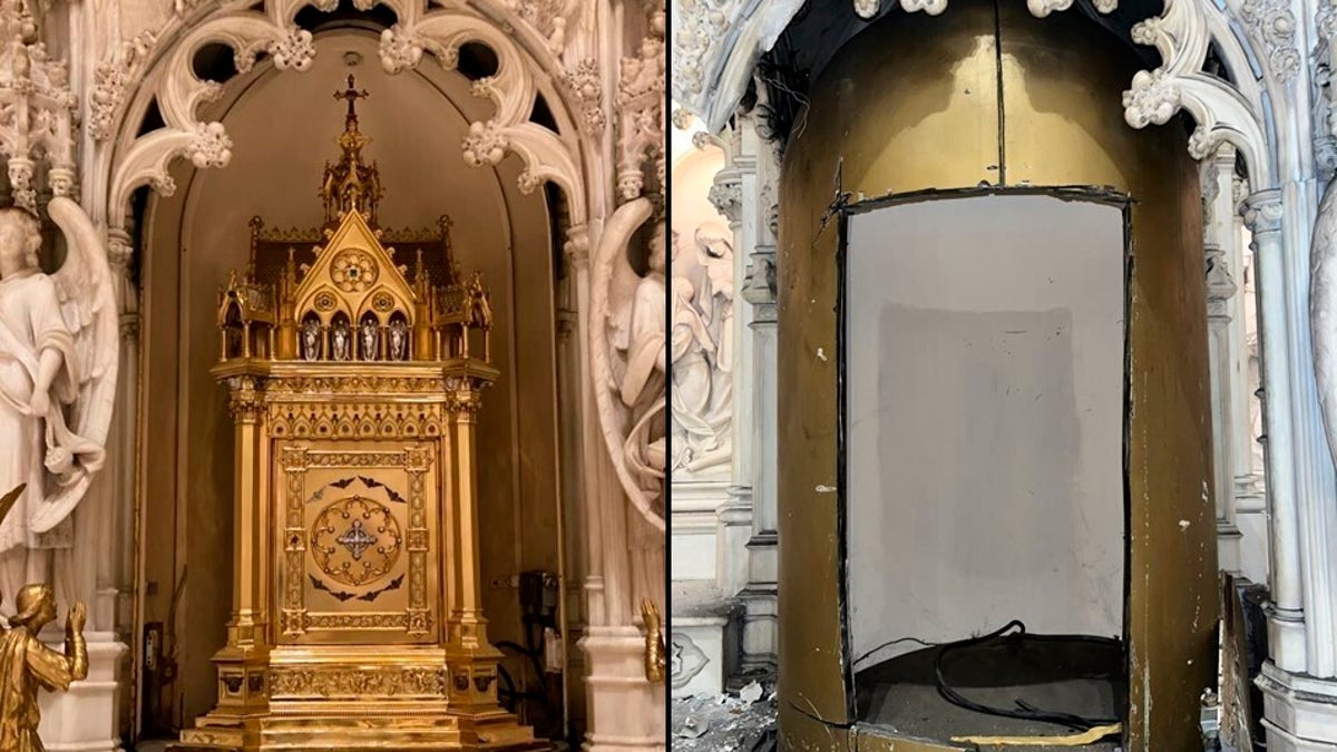 This image provided by the New York City Police Department shows a tabernacle in St. Augustine's Roman Catholic Church in Brooklyn’s Park Slope neighborhood in New York, which was stolen between Thursday, May 26, 2022 and Saturday, May 28, 2022. The tabernacle, a box containing Holy Communion items, was made of 18-carat gold and decorated with jewels, police and the diocese said. It’s valued at $2 million. (NYPD via AP)