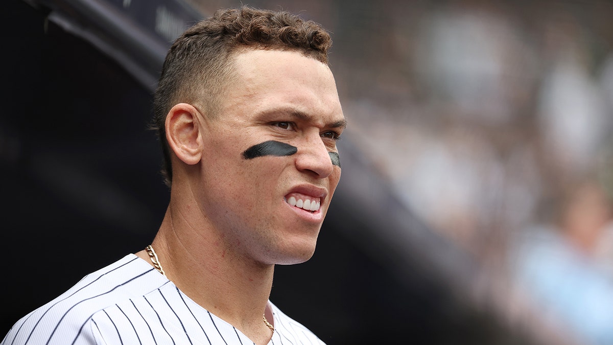 Aaron Judge #99 of the New York Yankees looks on during their game against the Toronto Blue Jays at Yankee Stadium on May 11, 2022 in New York City.