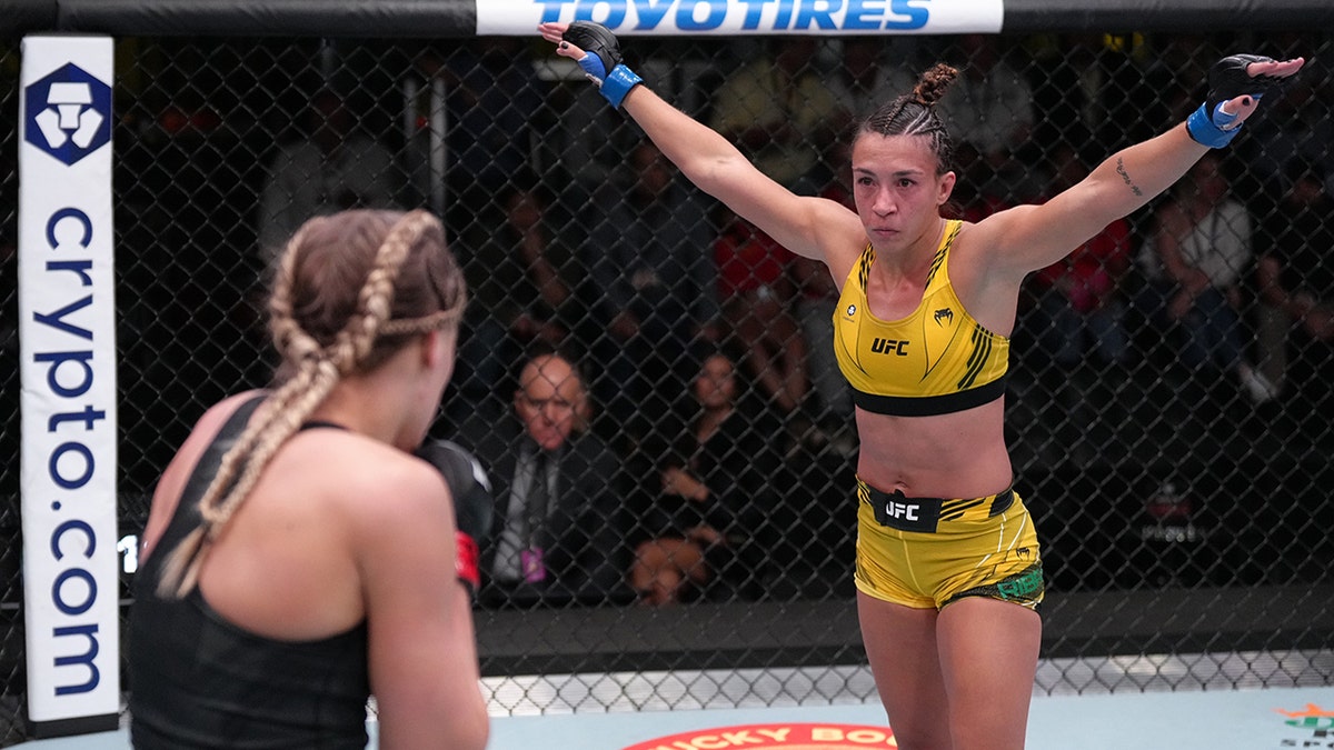 Amanda Ribas of Brazil battles Katlyn Chookagian in a flyweight fight at UFC APEX on May 14, 2022 in Las Vegas, Nevada.