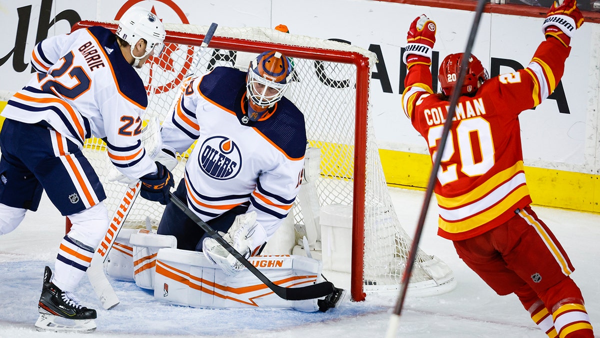 Flames' Blake Coleman celebrates a goal in the playoffs