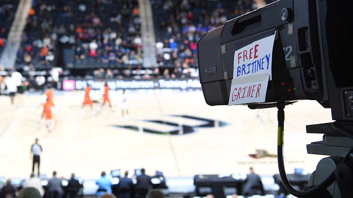 A sign reading "Free Brittney Griner" is seen on a television camera during the championship game of the Big West Conference basketball tournament between the Cal State Fullerton Titans and the Long Beach State 49ers at Dollar Loan Center on March 12, 2022 in Henderson, Nevada.