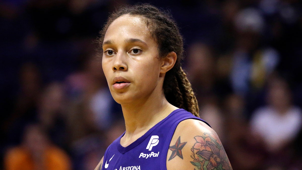 Phoenix Mercury center Brittney Griner pauses on the court during the second half of a WNBA basketball game against the Seattle Storm, Sept. 3, 2019, in Phoenix.