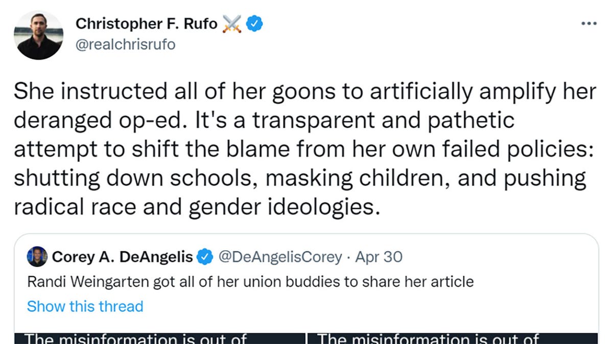 Chris Rufo tweeted "She instructed all of her goons to artificially amplify her deranged op-ed. It's a transparent and pathetic attempt to shift the blame from her own failed policies: shutting down schools, masking children, and pushing radical race and gender ideologies."