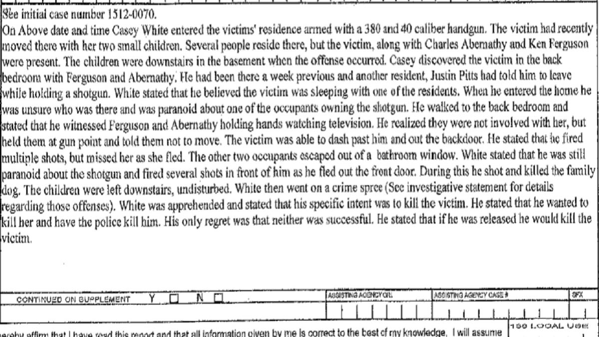 A warrant from Casey White’s December arrest describes how he told a woman, 