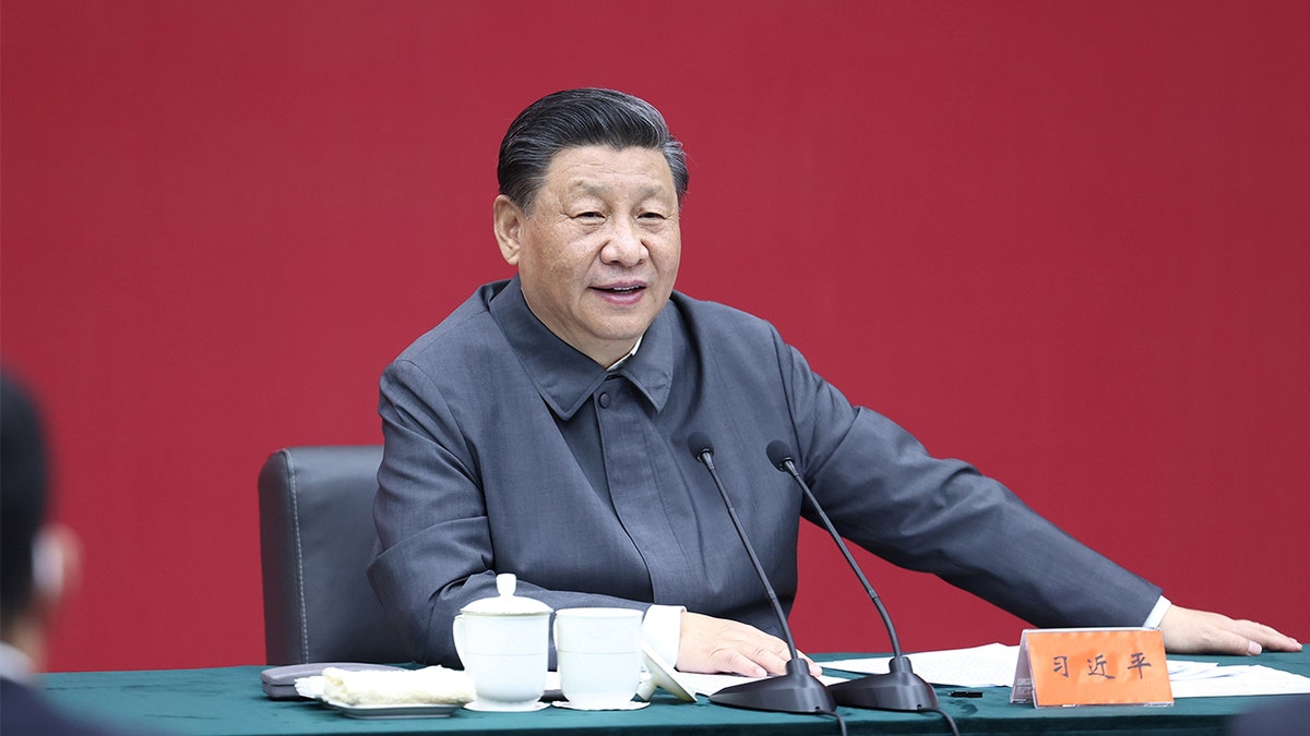 Chinese President Xi Jinping, also general secretary of the Communist Party of China Central Committee and chairman of the Central Military Commission, sits down with representatives of teachers and students at a symposium and delivers an important speech during a visit to Renmin University of China in Beijing, capital of China, April 25, 2022. (Photo by Ju Peng/Xinhua via Getty Images)