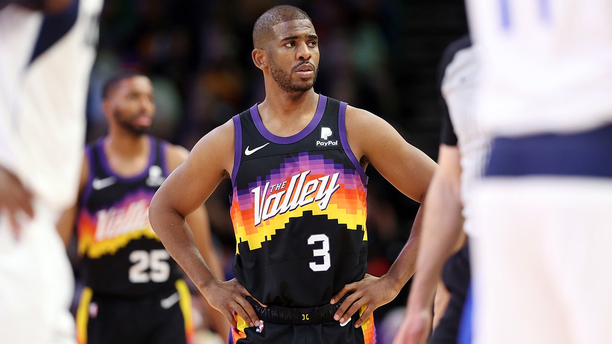 Chris Paul #3 of the Phoenix Suns reacts during the third quarter against the Dallas Mavericks in Game Seven of the 2022 NBA Playoffs Western Conference Semifinals at Footprint Center on May 15, 2022 in Phoenix, Arizona.