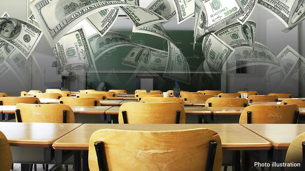 A composite of cash and a classroom scene.