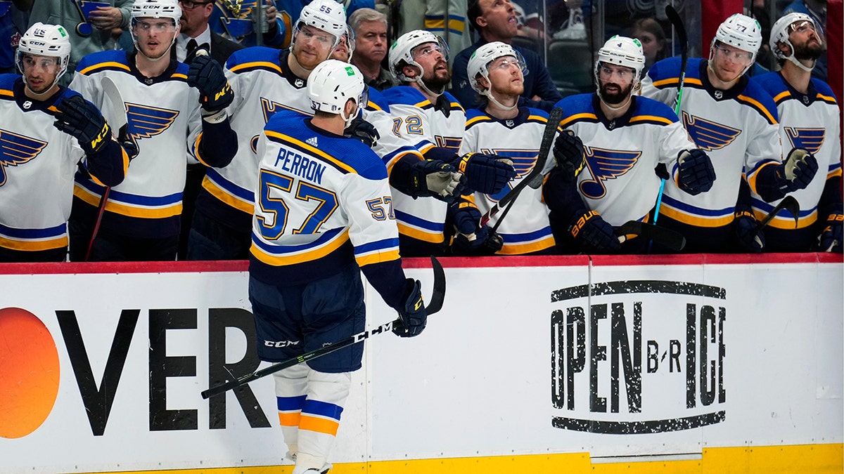 Blues' David Perron celebrates in Game 2