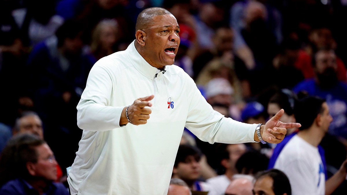 Head coach Doc Rivers of the Philadelphia 76ers during play against the Miami Heat in Game Six of the 2022 NBA Playoffs Eastern Conference Semifinals at Wells Fargo Center on May 12, 2022 in Philadelphia, Pennsylvania.