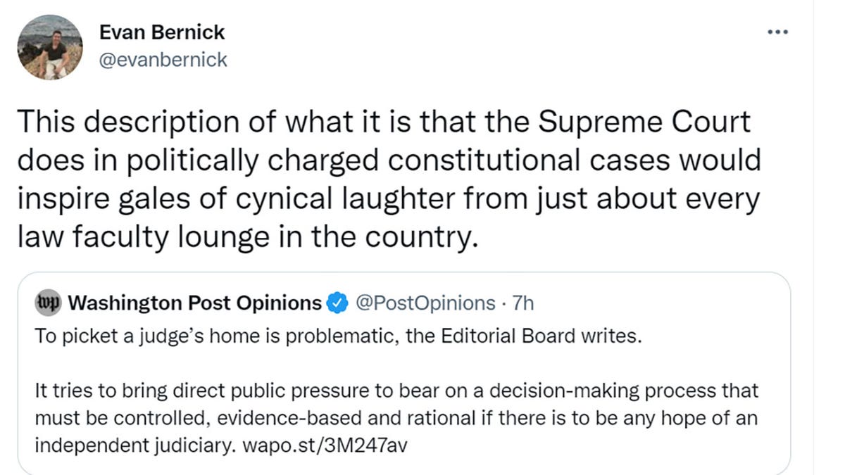 Evan Bernick tweeted "This description of what it is that the Supreme Court does in politically charged constitutional cases would inspire gales of cynical laughter from just about every law faculty lounge in the country."