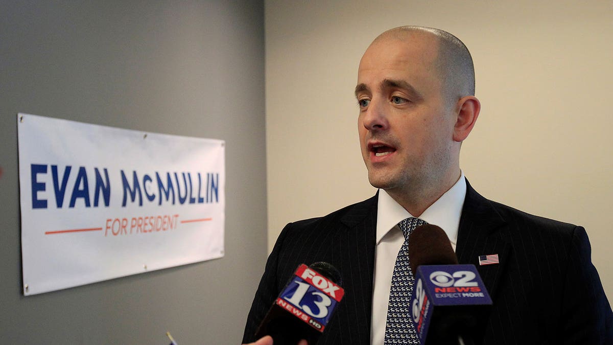 Evan McMullin, an independent, talks to the press 