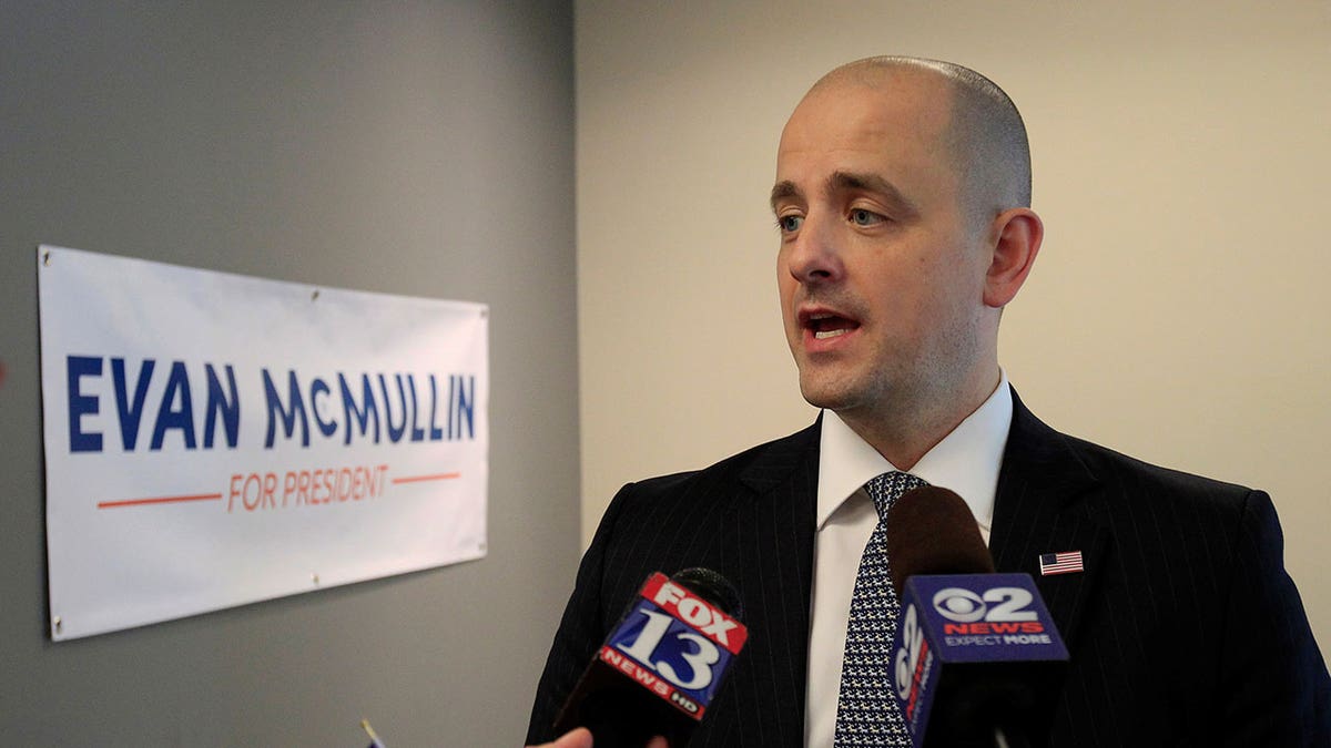 Evan McMullin, an independent, talks to the press