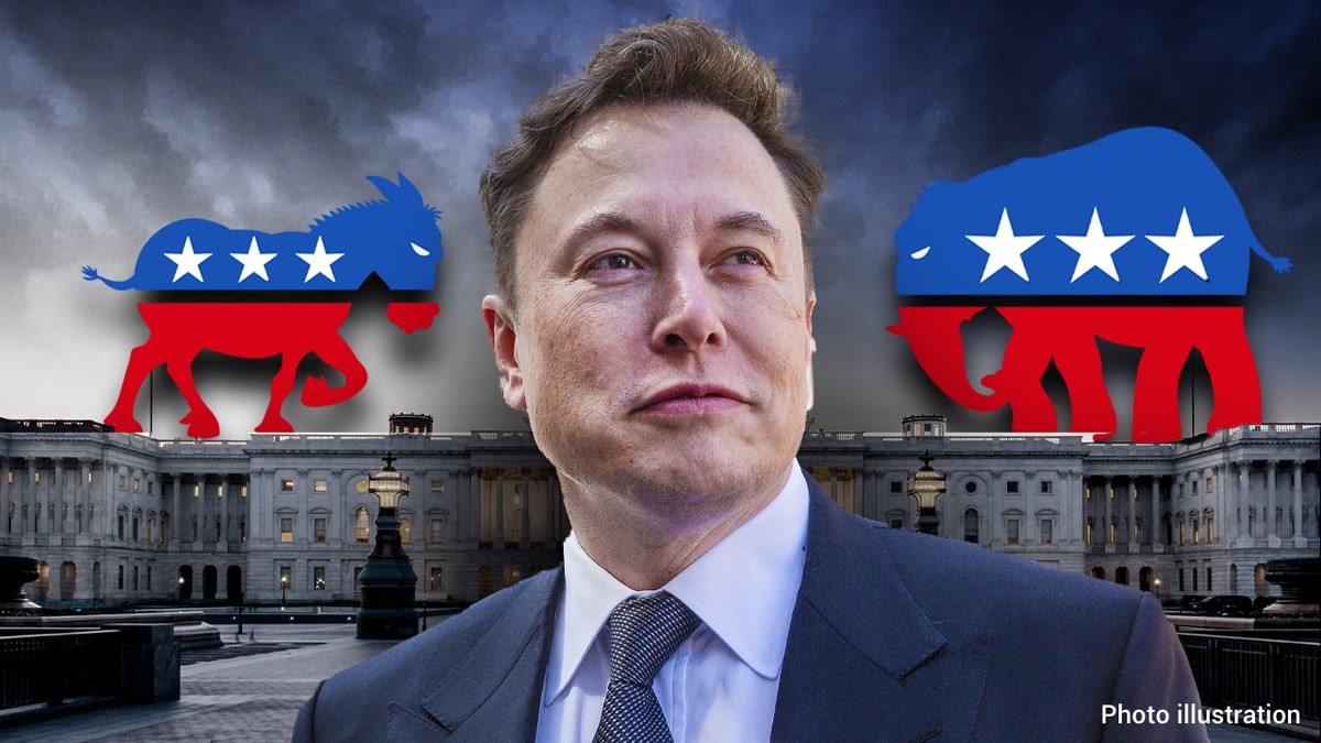 Elon Musk between GOP and Democrat Party logos