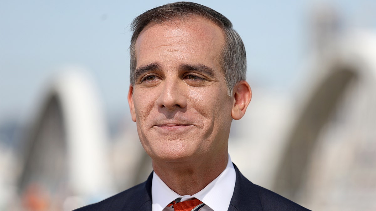 Los Angeles Mayor Eric Garcetti delivers State of the City Address from the under-construction Sixth Street Viaduct on Thursday, April 14, 2022, in Los Angeles. (Gary Coronado / Los Angeles Times via Getty Images)