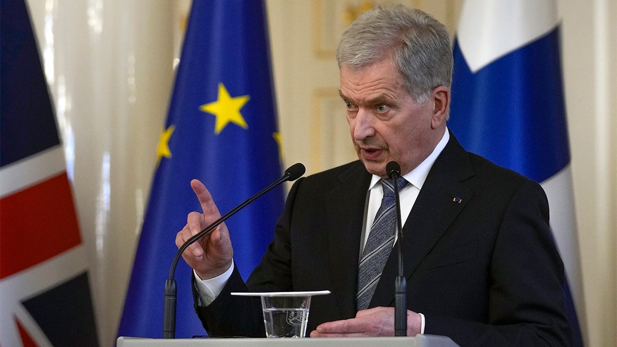 FILE - Finland's President Sauli Niinisto makes a point during a joint press conference with British Prime Minister Boris Johnson, at the Presidential Palace in Helsinki, Finland, Wednesday, May 11, 2022. (AP Photo/Frank Augstein, Pool, File)