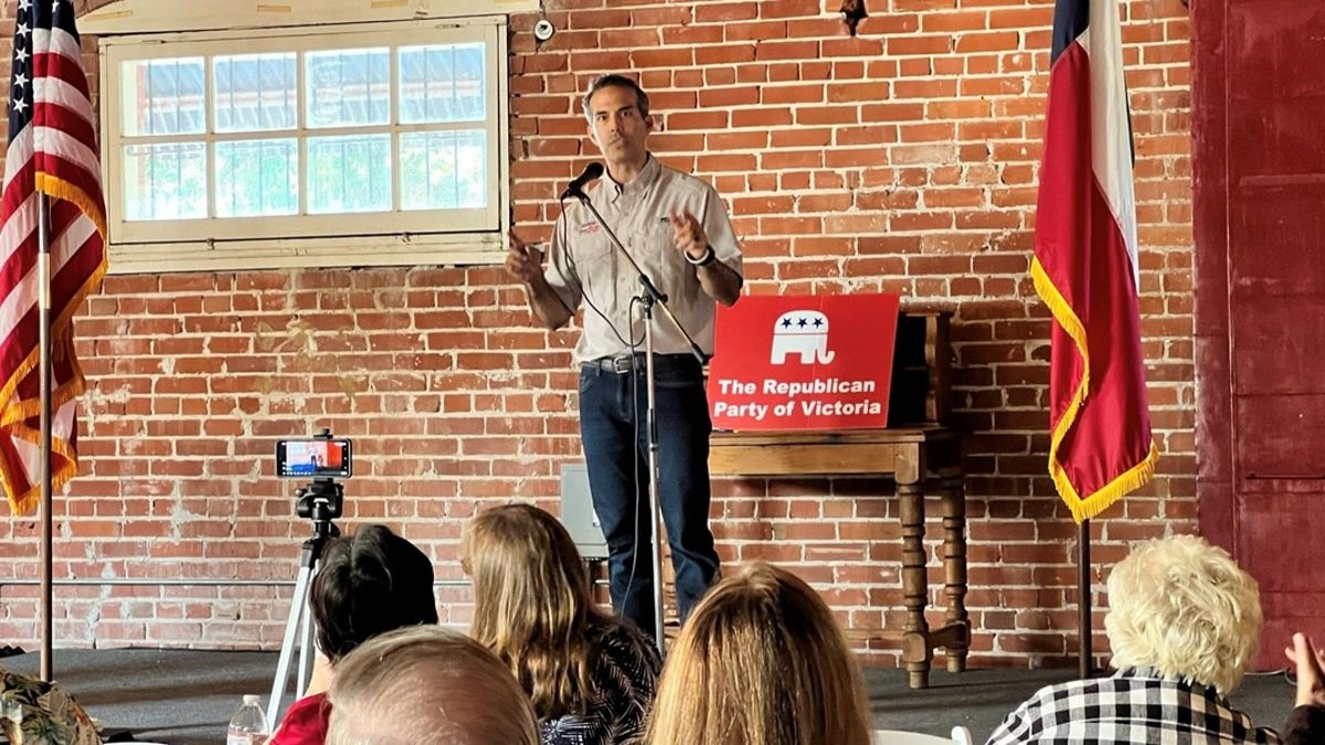Texas Land Commissioner and Republican attorney general candidate George P. Bush campaigns in Victoria, Texas on May 18, 2022