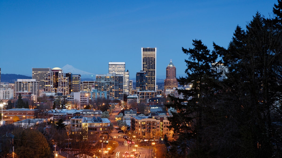 photo shows skyline of portland, oregon, after sun has set 