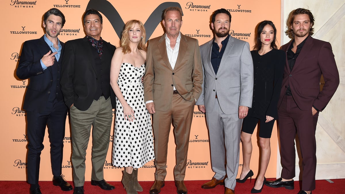 Wes Bentley, Gil Birmingham, Kelly Reilly, Kevin Costner, Cole Hauser, Kelsey Asbille and Luke Grimes of "Yellowstone"