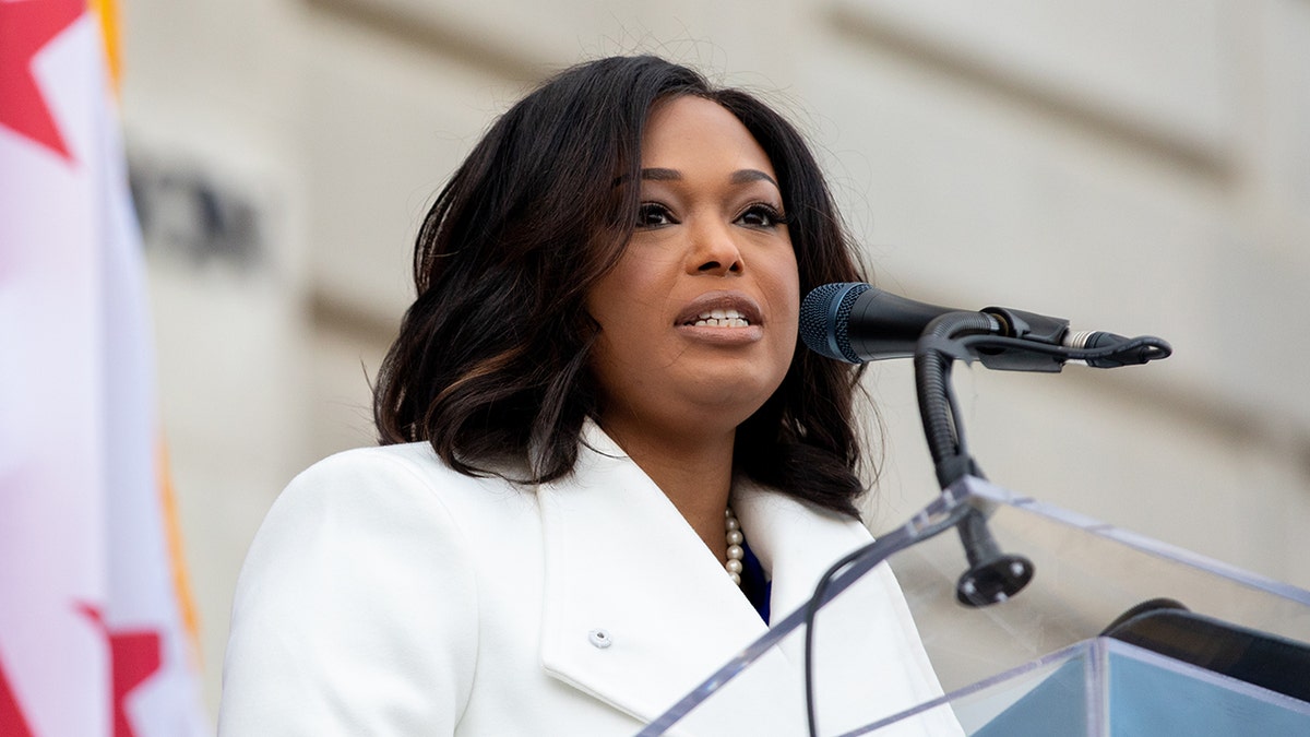 WASHINGTON, D.C. - JANUARY 2: Janeese Lewis George speaks after being sworn in as a member of the Council of the District of Columbia, representing ward four, outside of the Wilson Building in Washington, D.C. on Saturday, January 2, 2021 (Amanda Andrade-Rhoades/For The Washington Post via Getty Images)